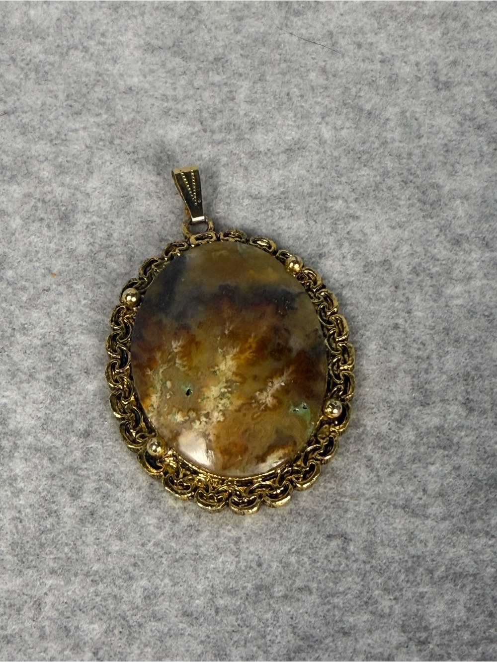 Vintage Moss Agate Style Oval Pendant Gold Tone Statement Jewelry Boho
